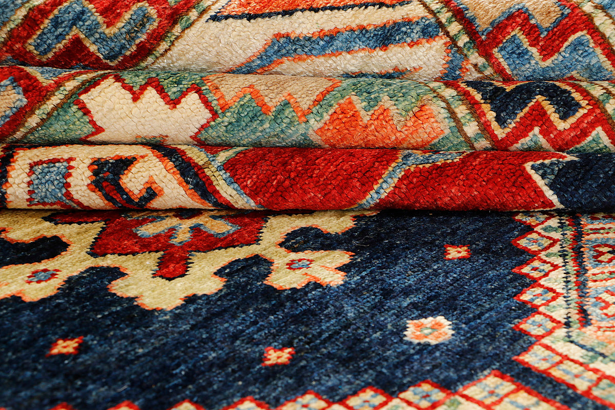 Traditional Blue Kazak Wool Hand Knotted Rug 12' x 15' Bold Geometric Design