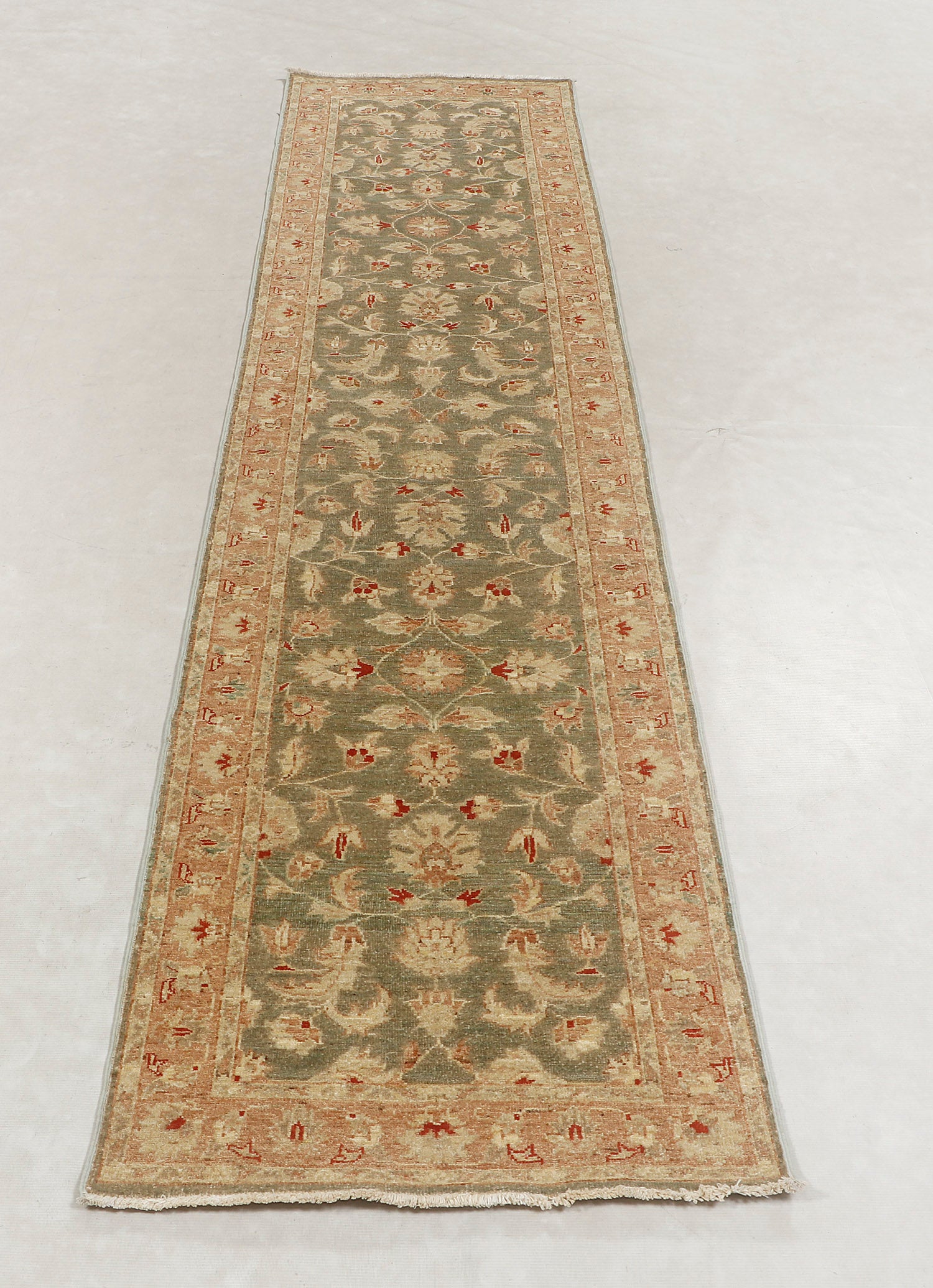 Ziegler Persian Hand Knotted Wool Runner Green 10'6" x 2'6"