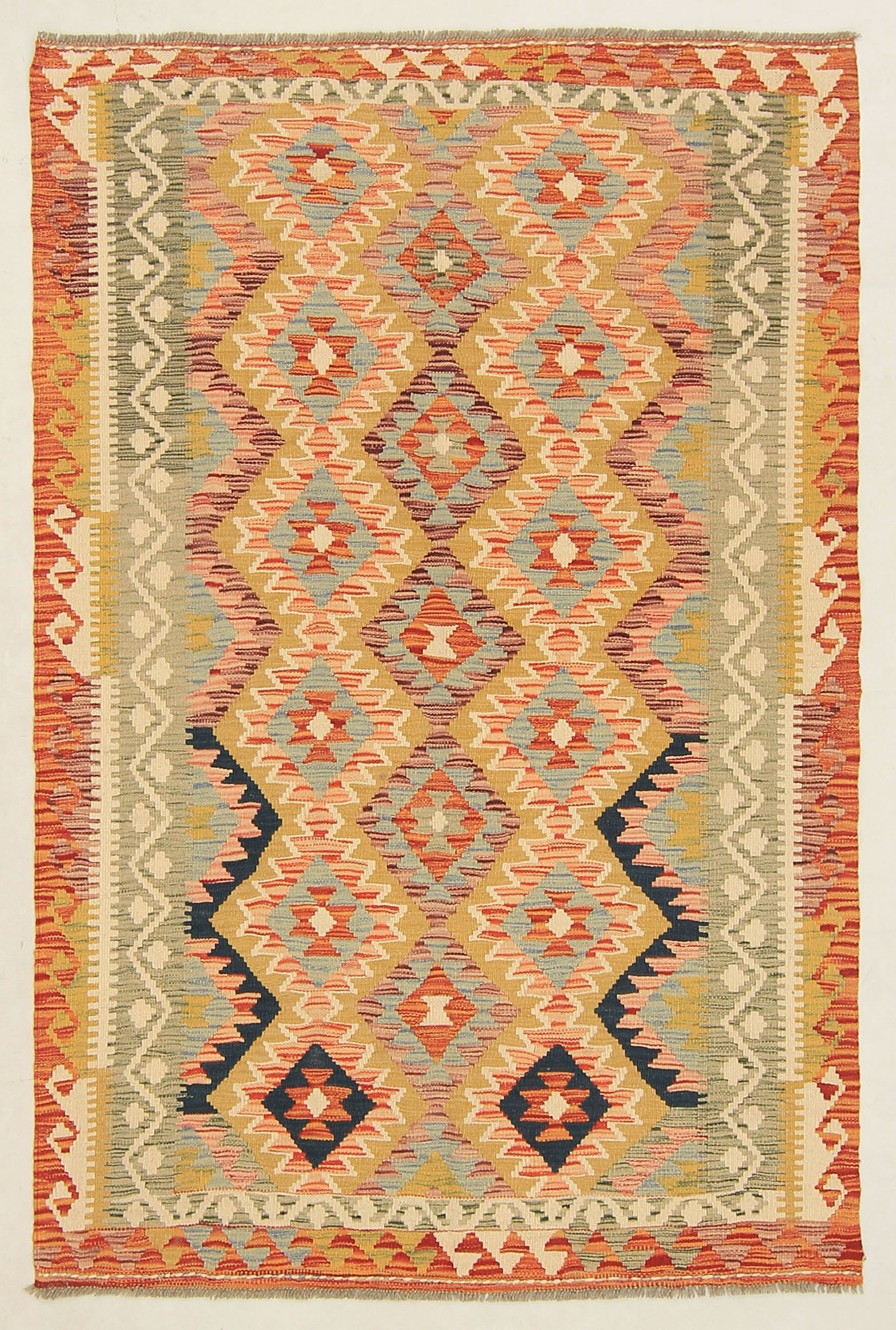 4' 6" x 6' 6  Ivory Handmade Pai Murgh Soumak Kilim Rug Rectangular