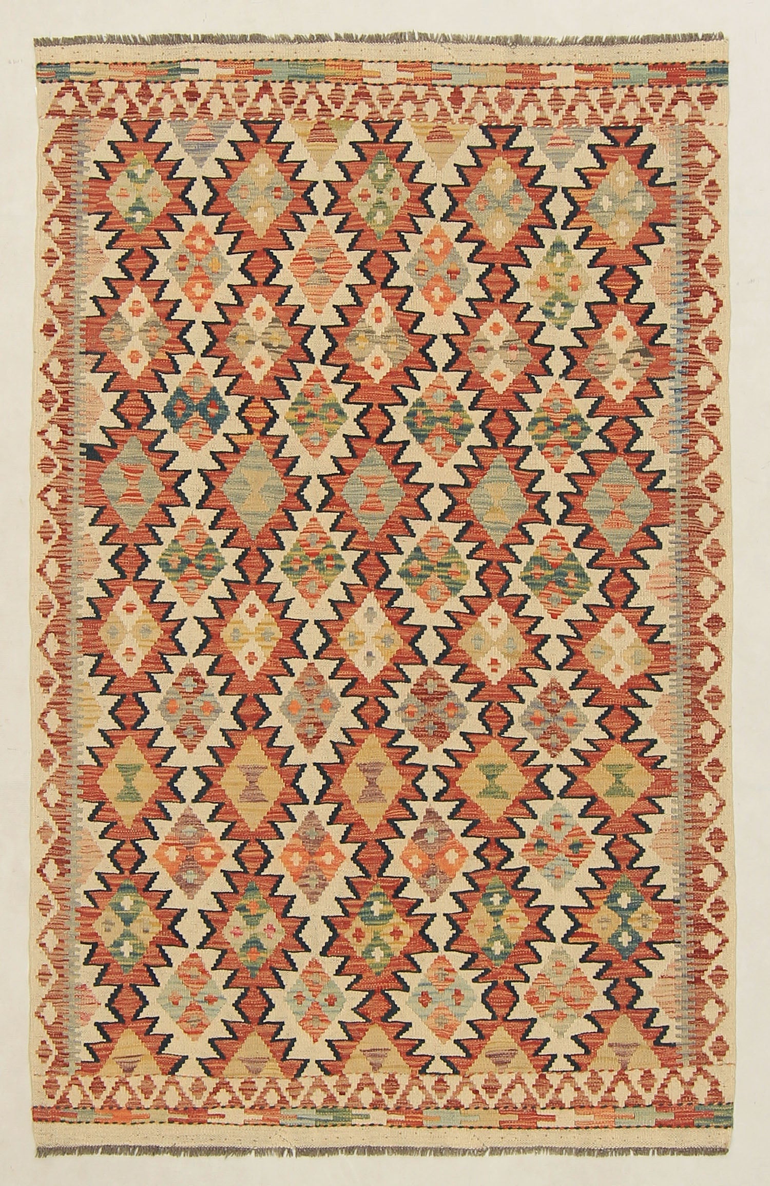 4' 6" x 6' 6  Ivory Handmade Pai Murgh Soumak Kilim Rug Rectangular