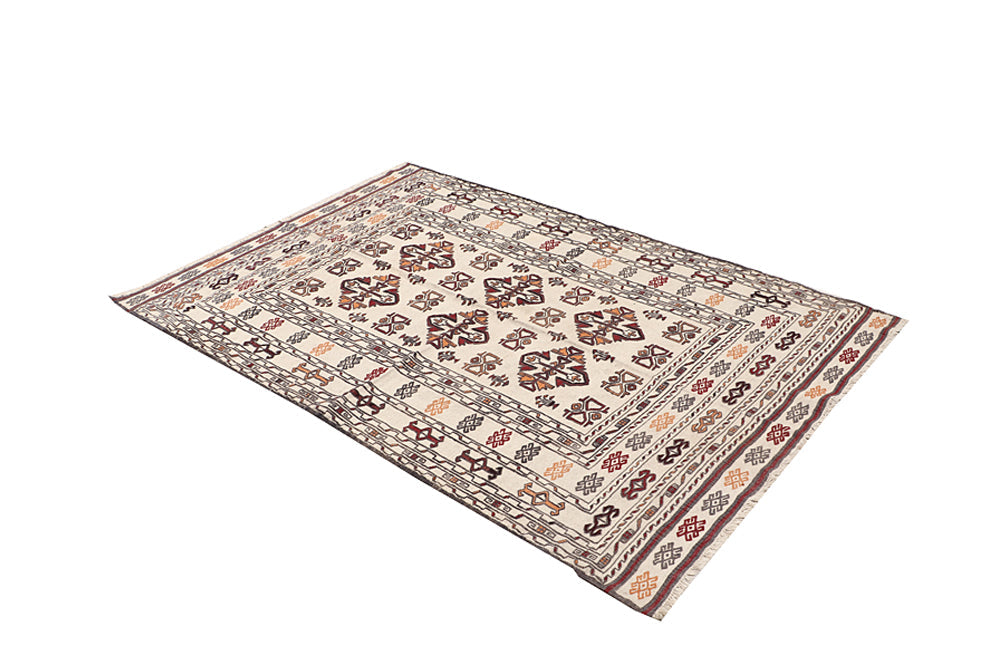 4' 6" x 6' 6  Ivory Handmade Pai Murgh Soumak Kilim Rug Rectangular