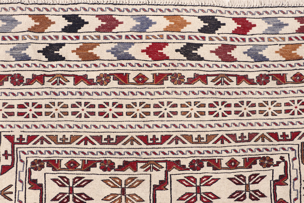 4' 6" x 6' 6  Ivory Handmade Pai Murgh Soumak Kilim Rug Rectangular