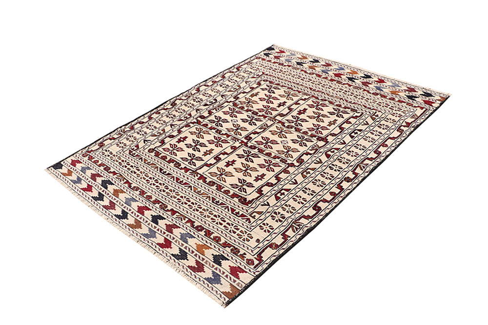 4' 6" x 6' 6  Ivory Handmade Pai Murgh Soumak Kilim Rug Rectangular