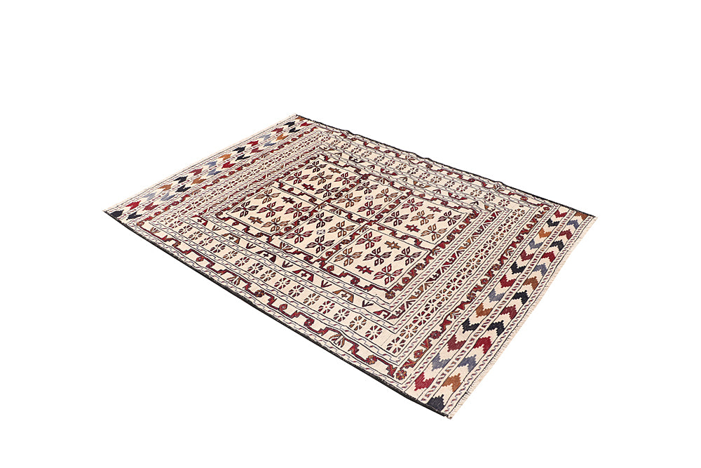 4' 6" x 6' 6  Ivory Handmade Pai Murgh Soumak Kilim Rug Rectangular