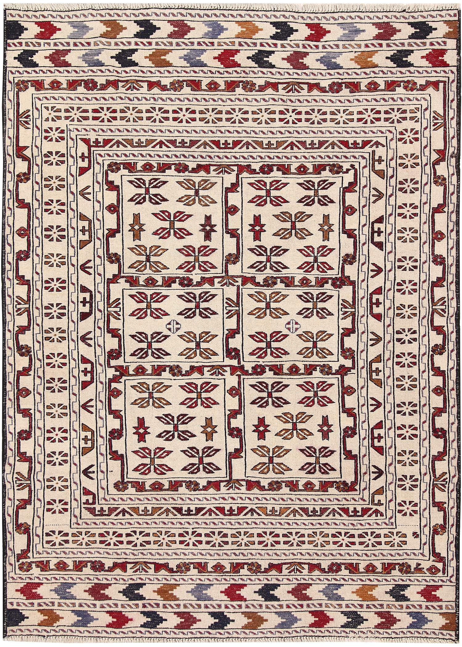 4' 6" x 6' 6  Ivory Handmade Pai Murgh Soumak Kilim Rug Rectangular