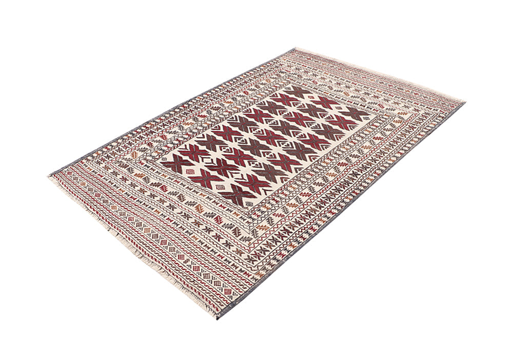 4' 6" x 6' 6  Ivory Handmade Pai Murgh Soumak Kilim Rug Rectangular