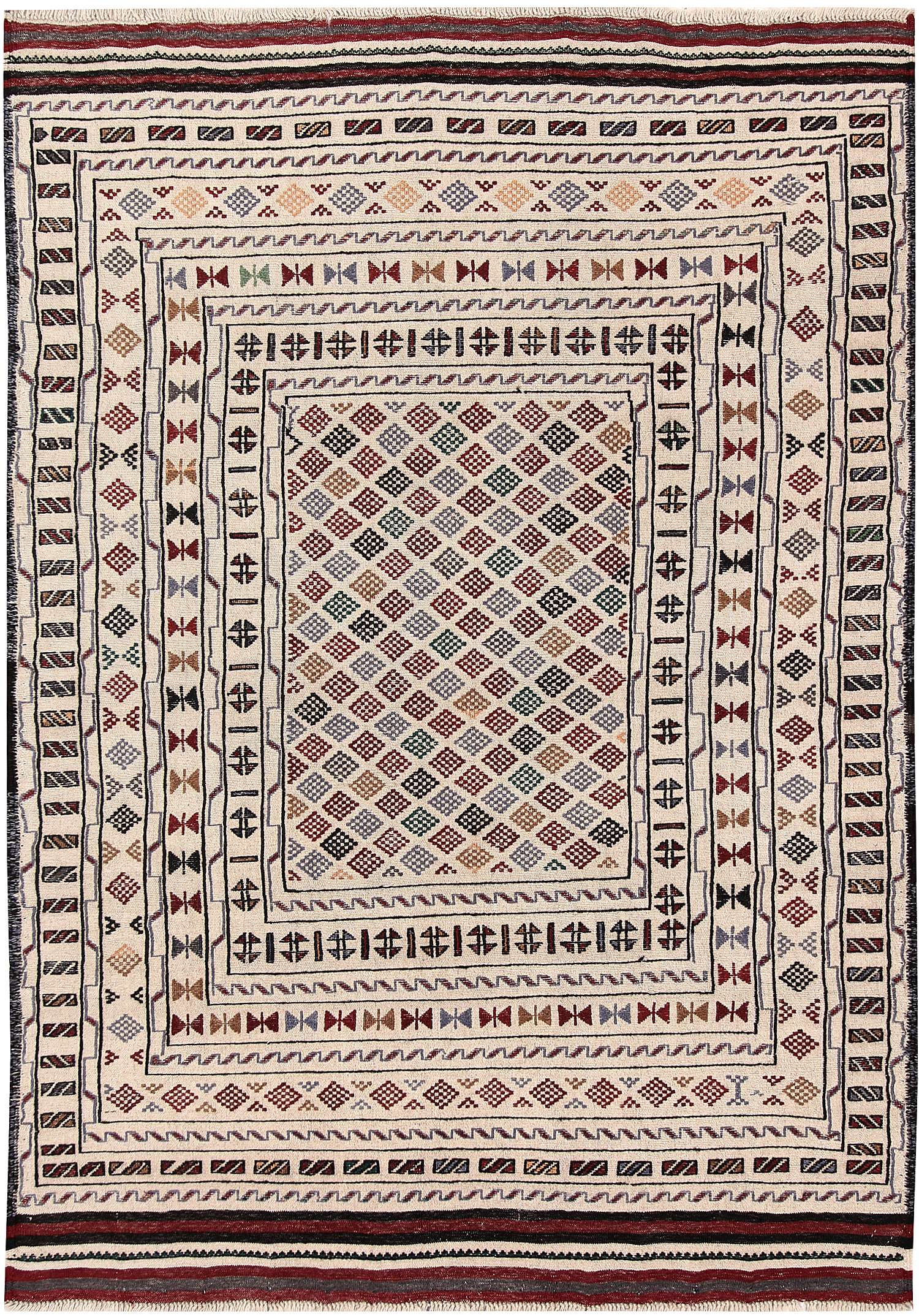 4' 6" x 6' 6  Ivory Handmade Pai Murgh Soumak Kilim Rug Rectangular