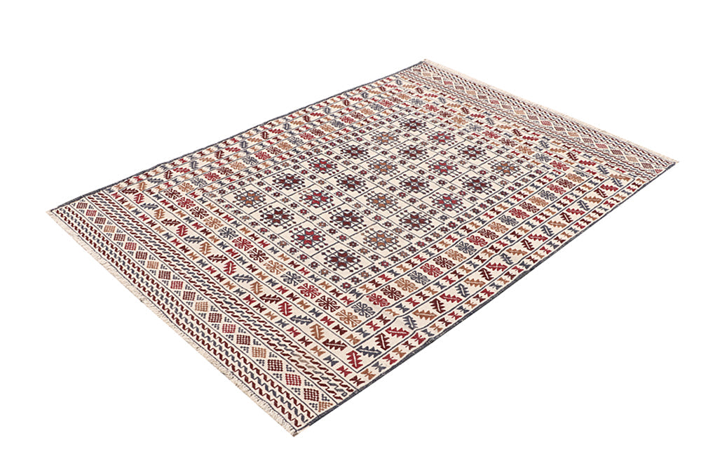 4' 6" x 6' 6  Ivory Handmade Pai Murgh Soumak Kilim Rug Rectangular