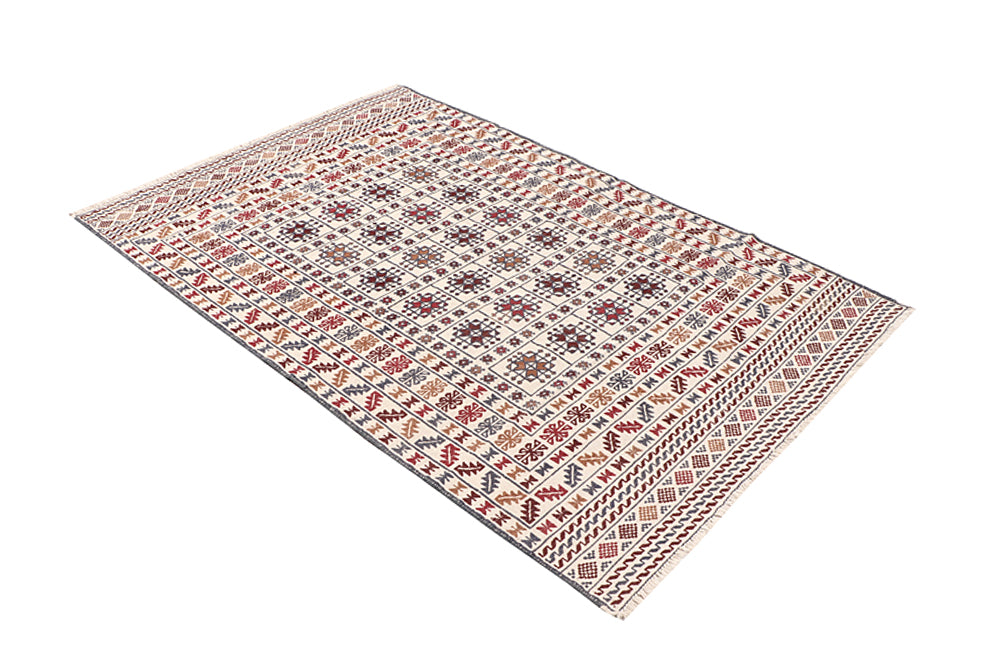 4' 6" x 6' 6  Ivory Handmade Pai Murgh Soumak Kilim Rug Rectangular
