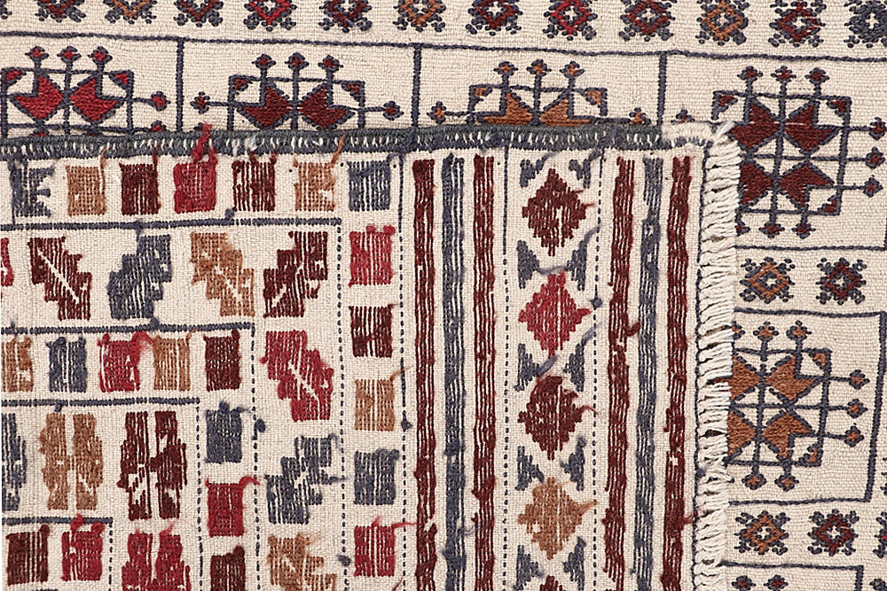 4' 6" x 6' 6  Ivory Handmade Pai Murgh Soumak Kilim Rug Rectangular