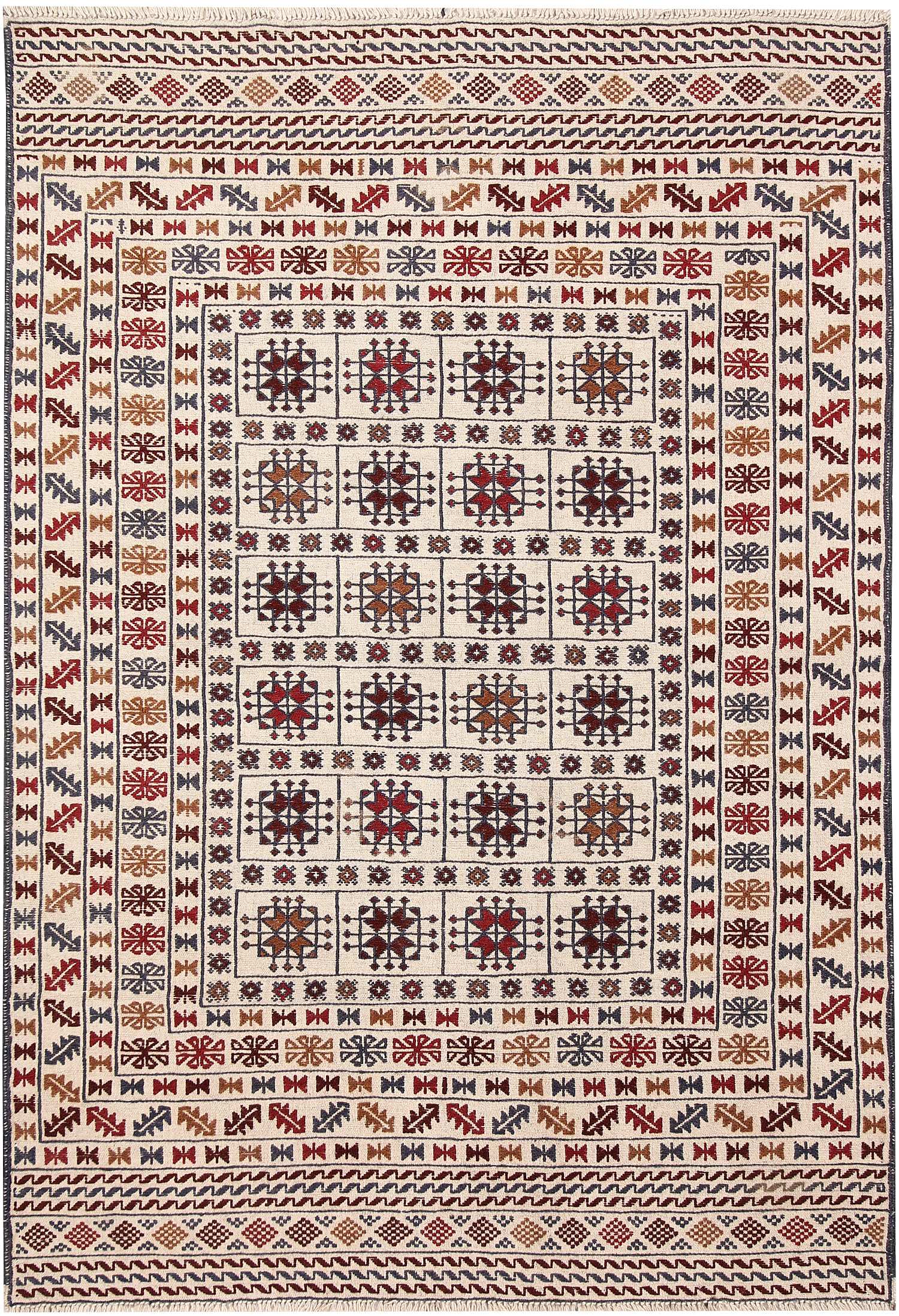 4' 6" x 6' 6  Ivory Handmade Pai Murgh Soumak Kilim Rug Rectangular