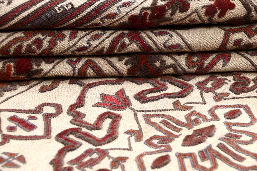 4' 6" x 6' 6  Ivory Handmade Pai Murgh Soumak Kilim Rug Rectangular
