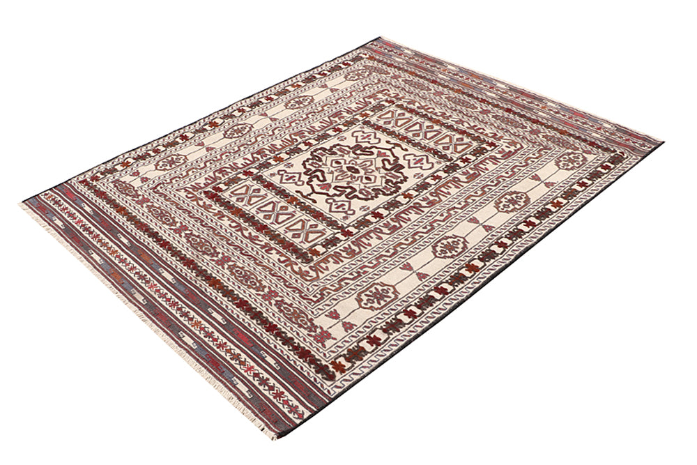 4' 6" x 6' 6  Ivory Handmade Pai Murgh Soumak Kilim Rug Rectangular