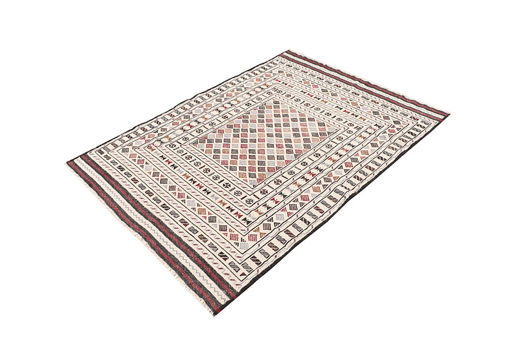 4' x 6'  Ivory Handmade Pai Murgh Soumak Kilim Rug Rectangular