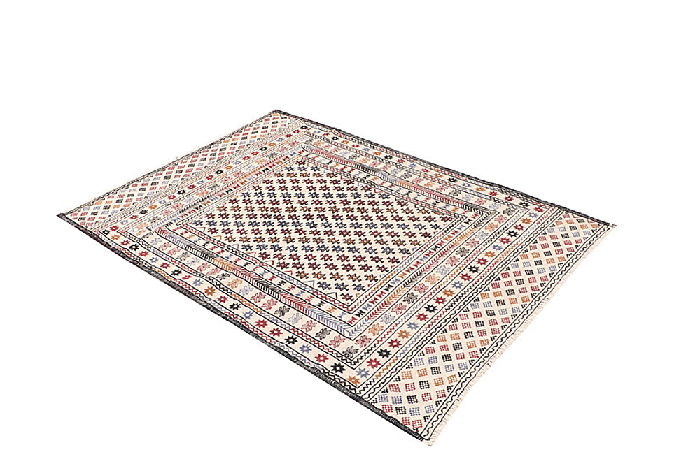 4' x 6'  Ivory Handmade Pai Murgh Soumak Kilim Rug Rectangular