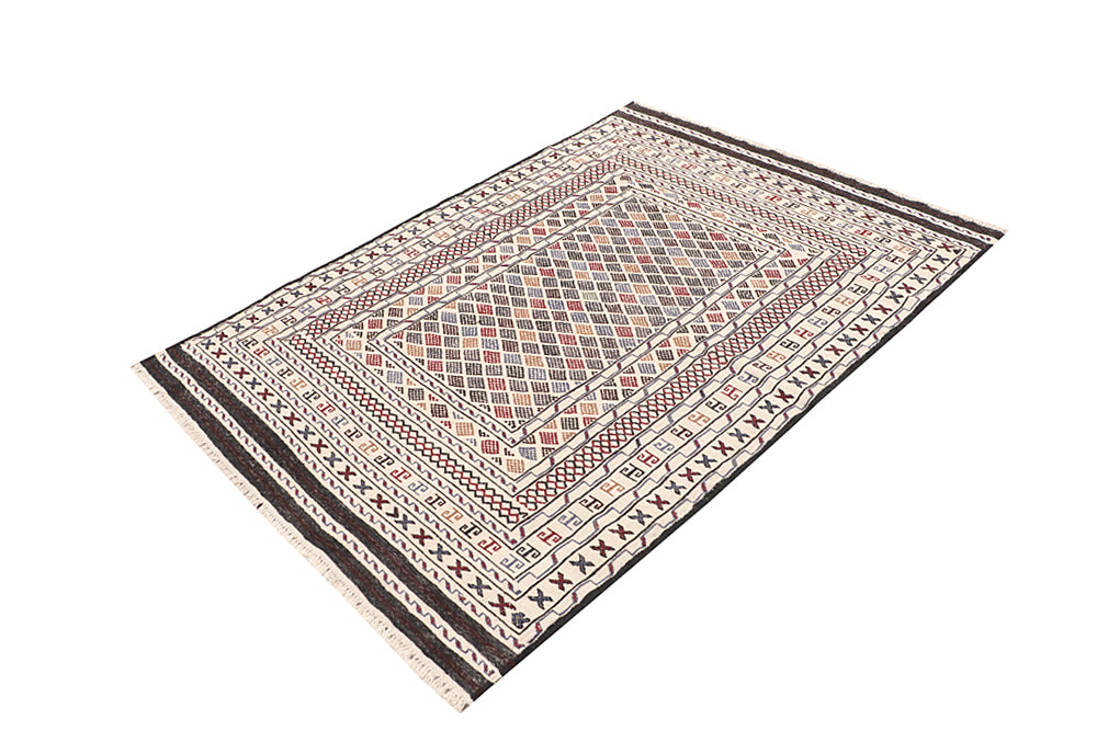 4' x 6'  Ivory Handmade Pai Murgh Soumak Kilim Rug Rectangular