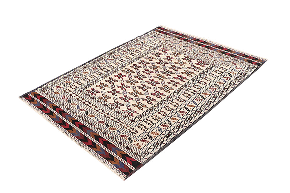 4' 6" x 6' 6  Ivory Handmade Pai Murgh Soumak Kilim Rug Rectangular