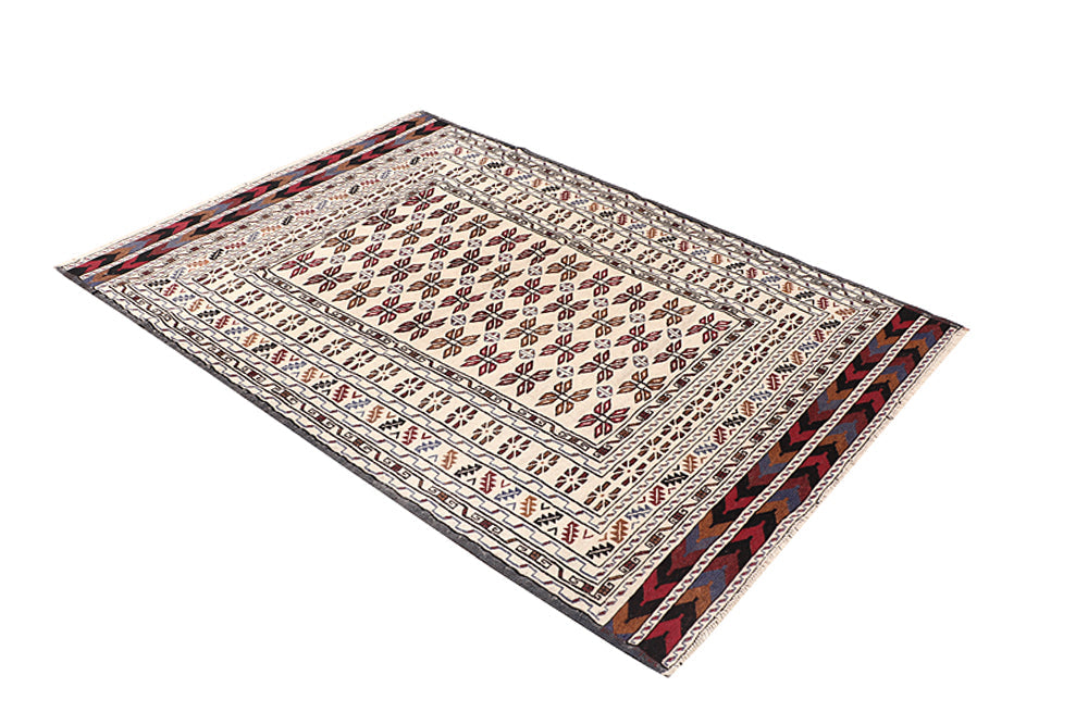 4' 6" x 6' 6  Ivory Handmade Pai Murgh Soumak Kilim Rug Rectangular