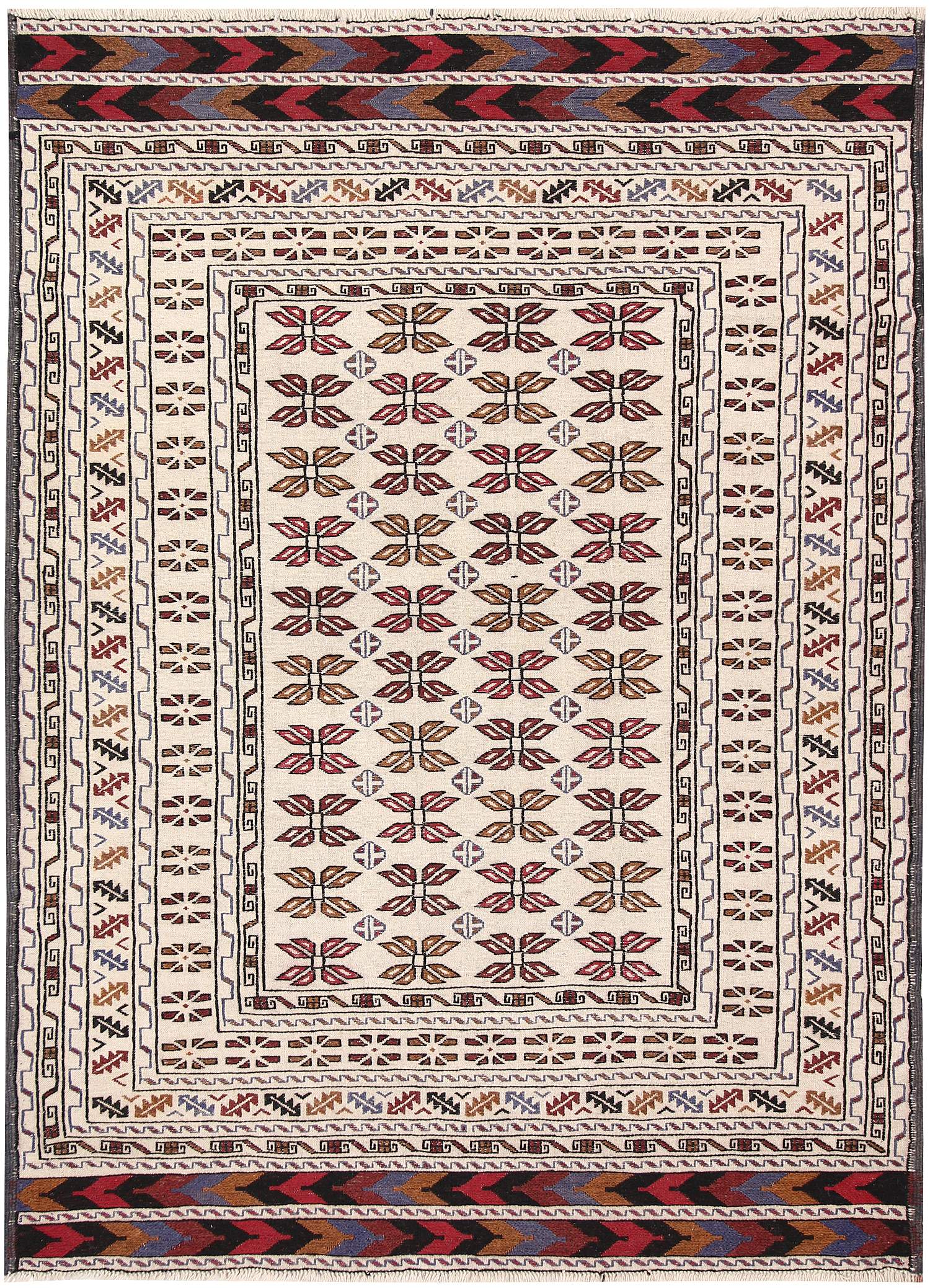 4' 6" x 6' 6  Ivory Handmade Pai Murgh Soumak Kilim Rug Rectangular