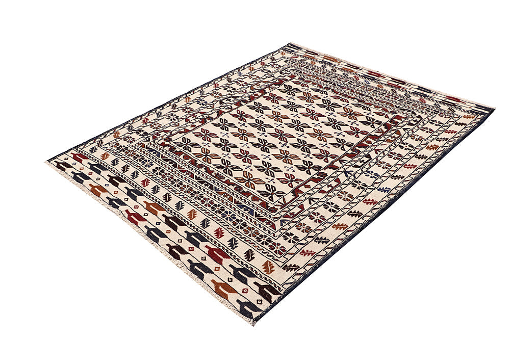 Ivory Handmade Pai Murgh Soumak Kilim Rug Rectangular