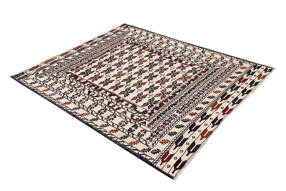 Ivory Handmade Pai Murgh Soumak Kilim Rug Rectangular