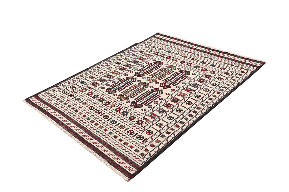 4' x 6'  Ivory Handmade Pai Murgh Soumak Kilim Rug Rectangular