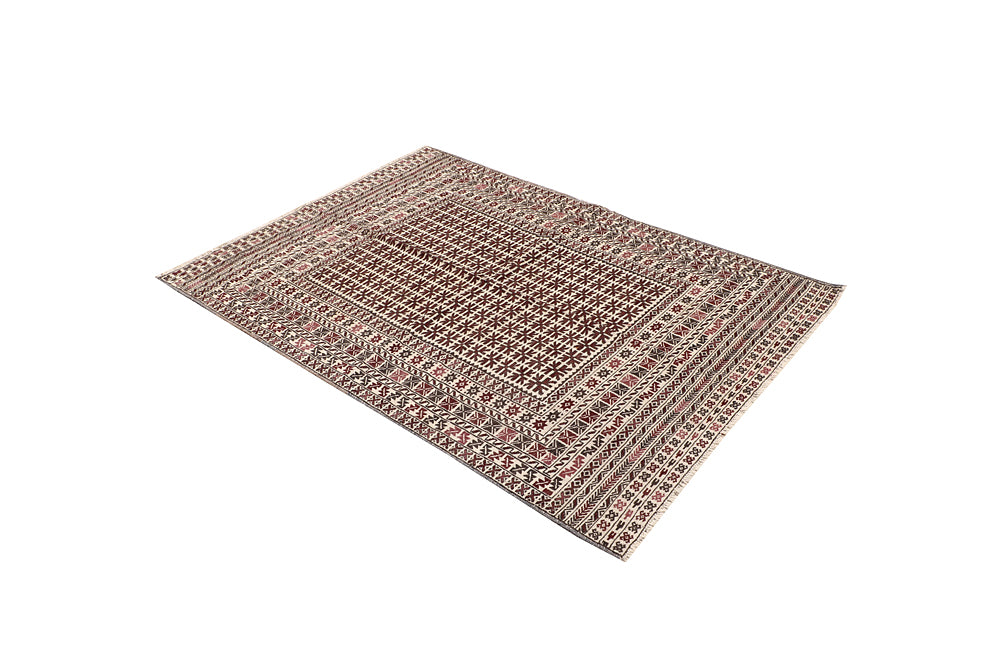 4' 6" x 6' 6  Ivory Handmade Pai Murgh Soumak Kilim Rug Rectangular