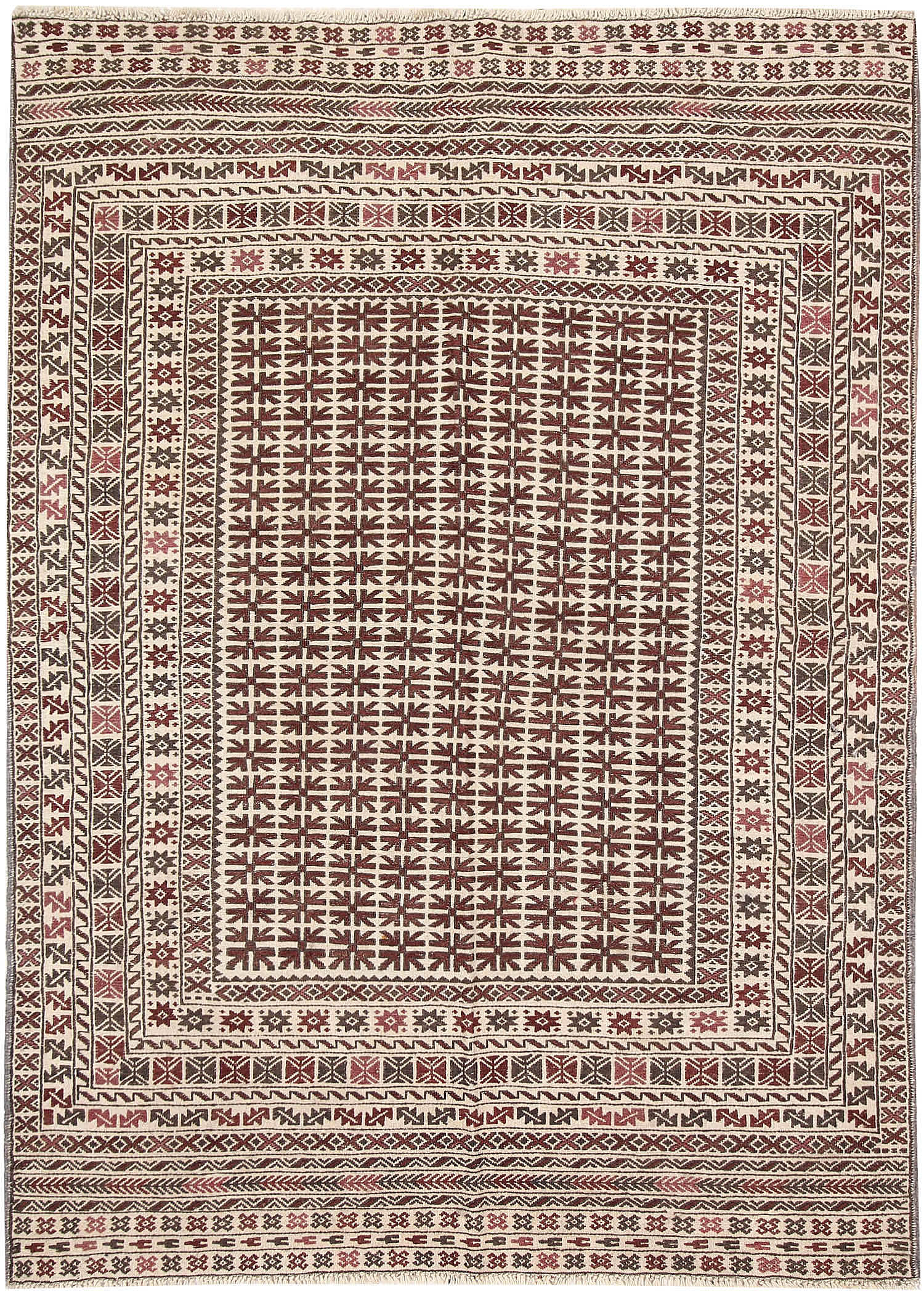 4' 6" x 6' 6  Ivory Handmade Pai Murgh Soumak Kilim Rug Rectangular
