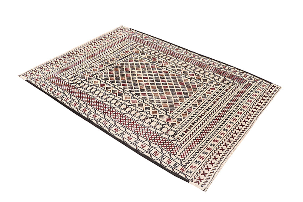 4' x 6'  Ivory Handmade Pai Murgh Soumak Kilim Rug Rectangular