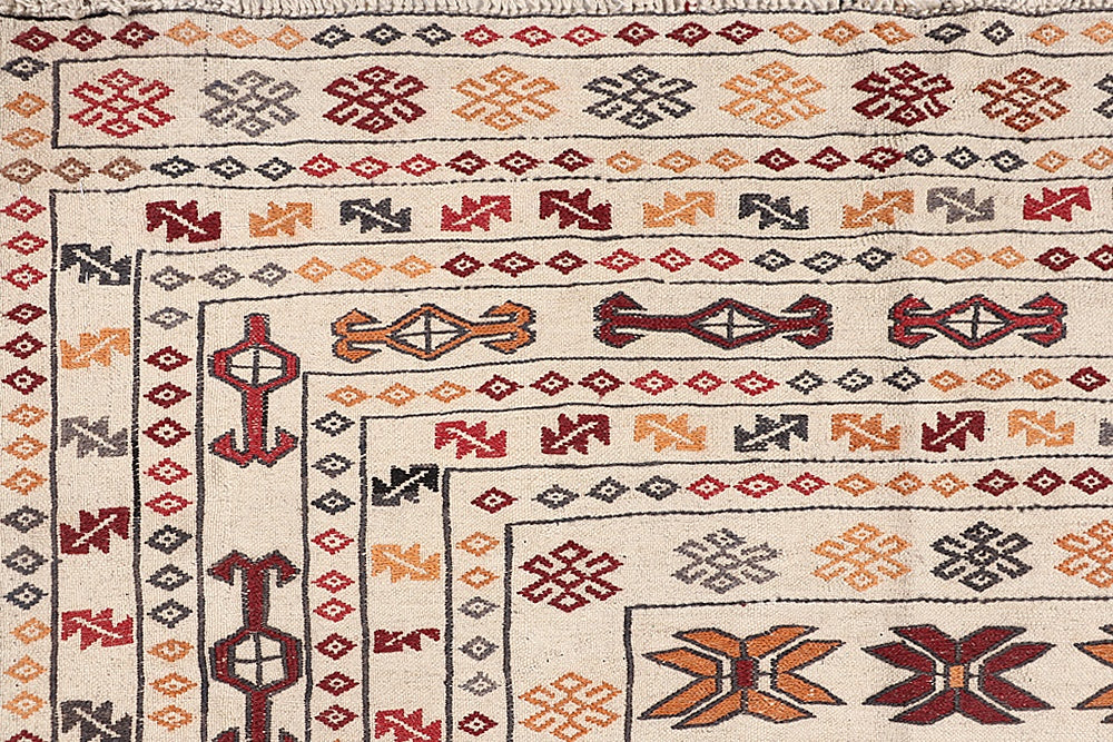 4' 6" x 6' 6  Ivory Handmade Pai Murgh Soumak Kilim Rug Rectangular
