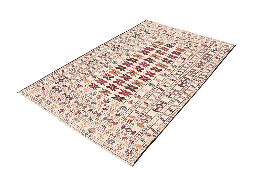 4' 6" x 6' 6  Ivory Handmade Pai Murgh Soumak Kilim Rug Rectangular