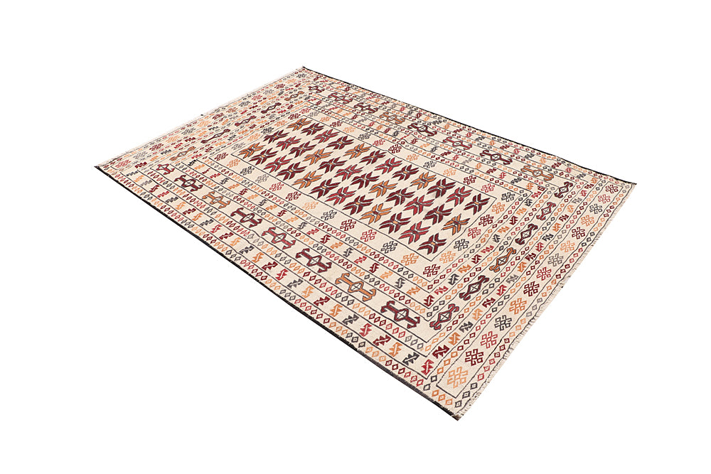 4' 6" x 6' 6  Ivory Handmade Pai Murgh Soumak Kilim Rug Rectangular
