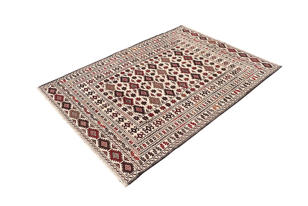4' 6" x 6' 6  Ivory Handmade Pai Murgh Soumak Kilim Rug Rectangular