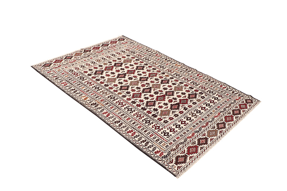 4' 6" x 6' 6  Ivory Handmade Pai Murgh Soumak Kilim Rug Rectangular