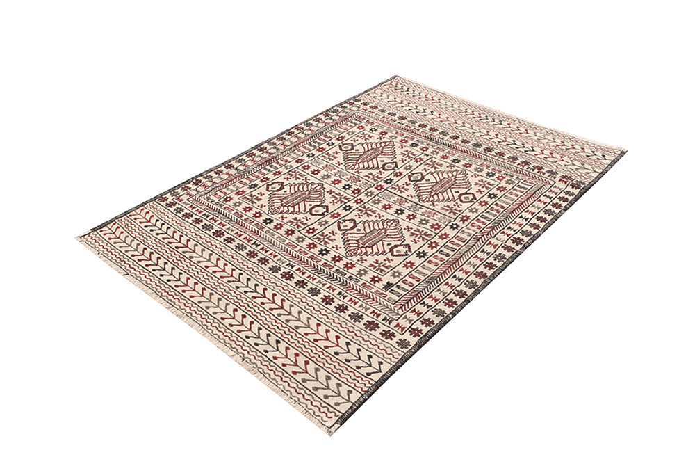 4' x 6'  Ivory Handmade Pai Murgh Soumak Kilim Rug Rectangular