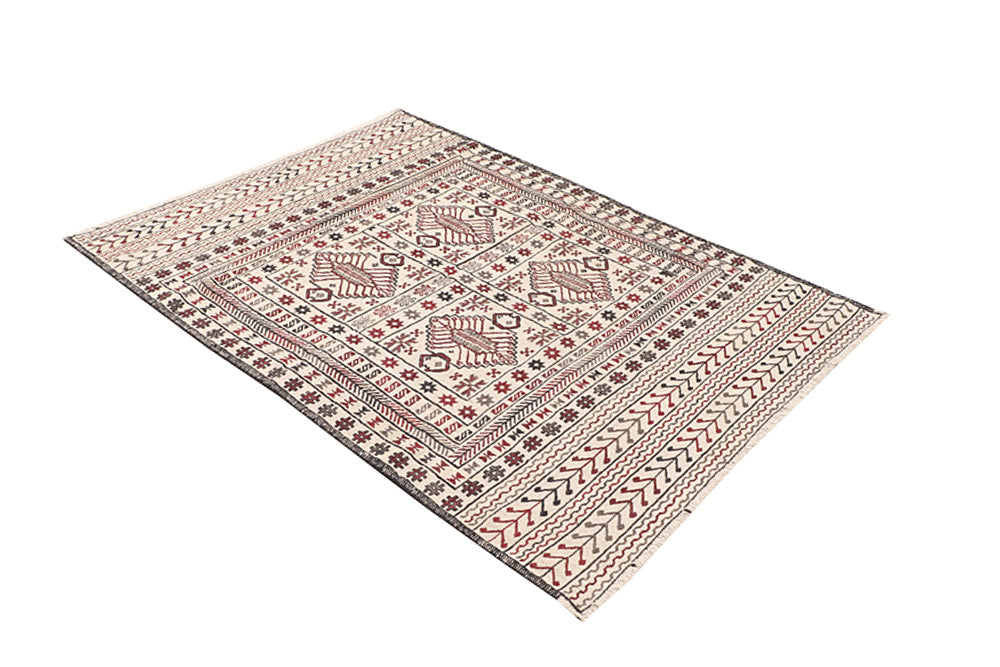 4' x 6'  Ivory Handmade Pai Murgh Soumak Kilim Rug Rectangular