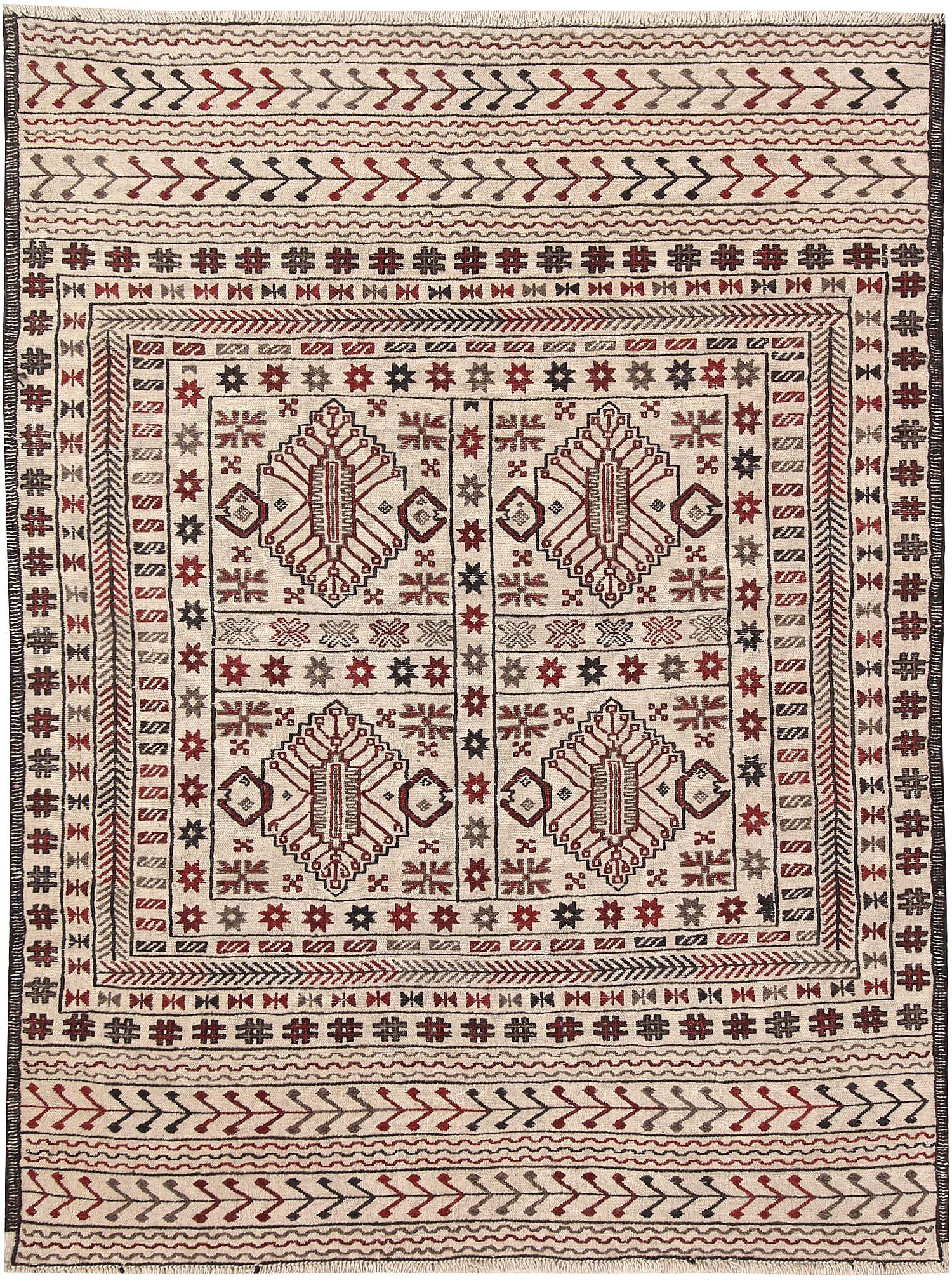 4' x 6'  Ivory Handmade Pai Murgh Soumak Kilim Rug Rectangular