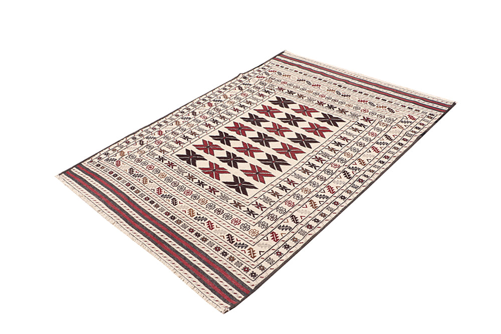 4' x 6'  Ivory Handmade Pai Murgh Soumak Kilim Rug Rectangular
