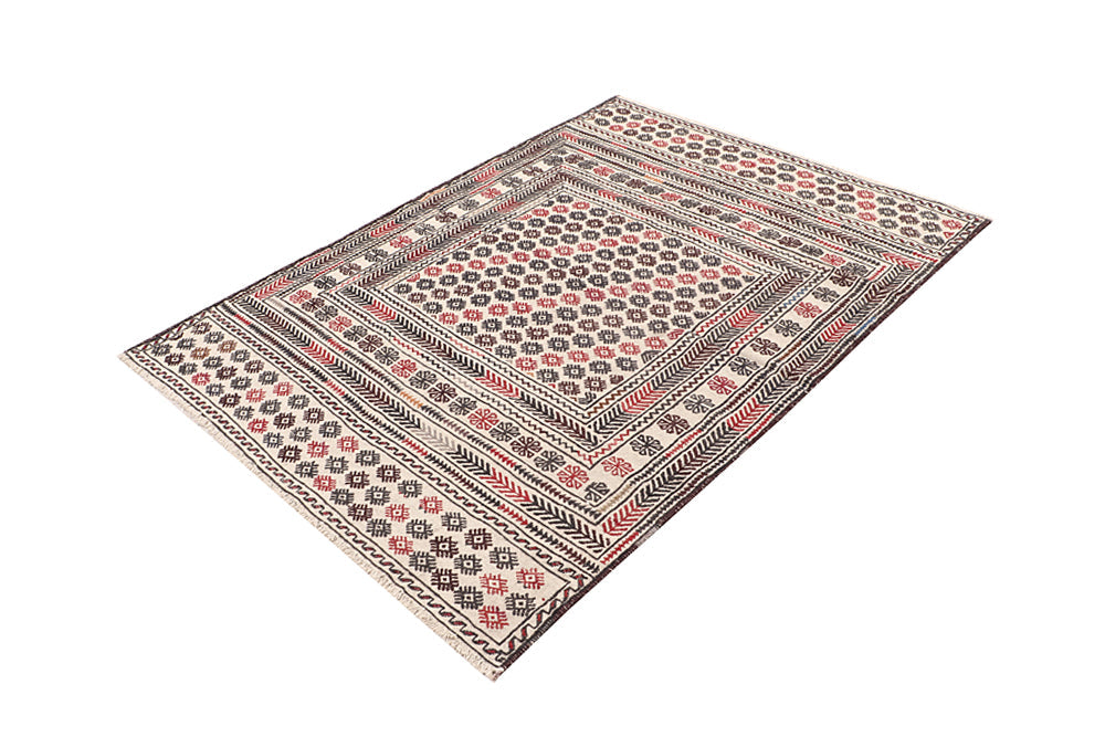 4' x 6'  Ivory Handmade Pai Murgh Soumak Kilim Rug Rectangular