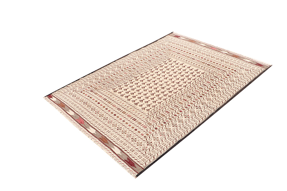 4' x 6'  Ivory Handmade Pai Murgh Soumak Kilim Rug Rectangular