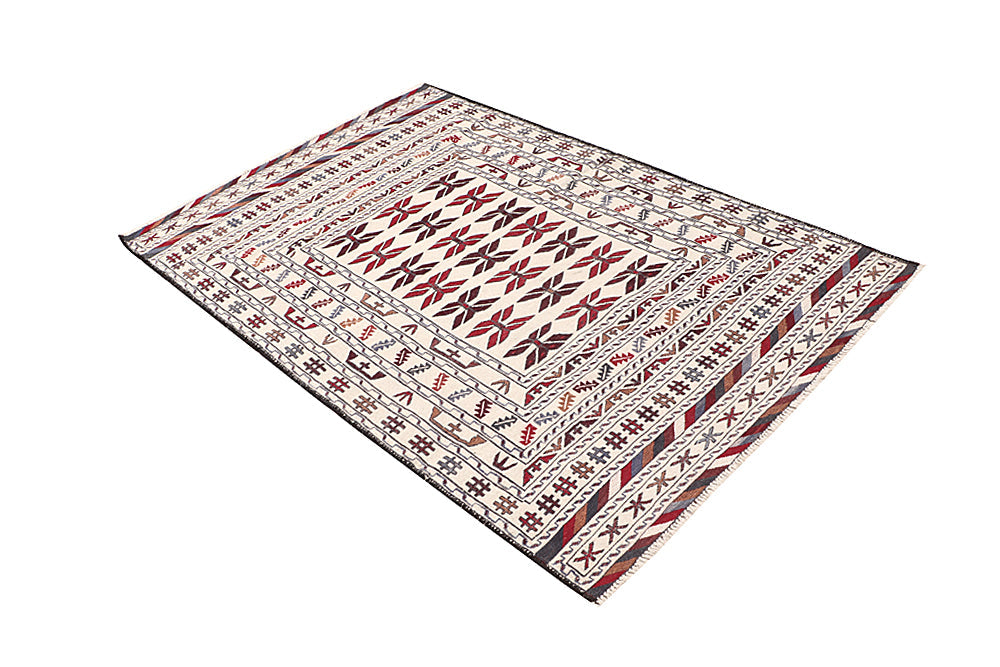 4' x 6'  Ivory Handmade Pai Murgh Soumak Kilim Rug Rectangular
