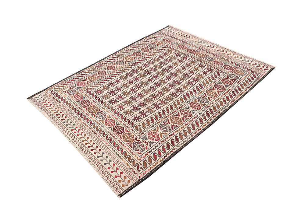4' x 6'  Ivory Handmade Pai Murgh Soumak Kilim Rug Rectangular