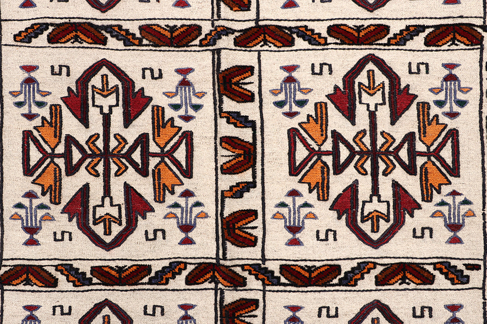 Ivory Handmade Pai Murgh Soumak Kilim Rug Rectangular
