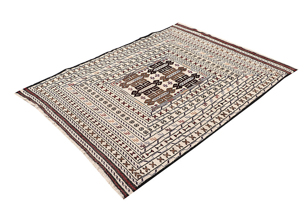 4' x 6'  Ivory Handmade Pai Murgh Soumak Kilim Rug Rectangular