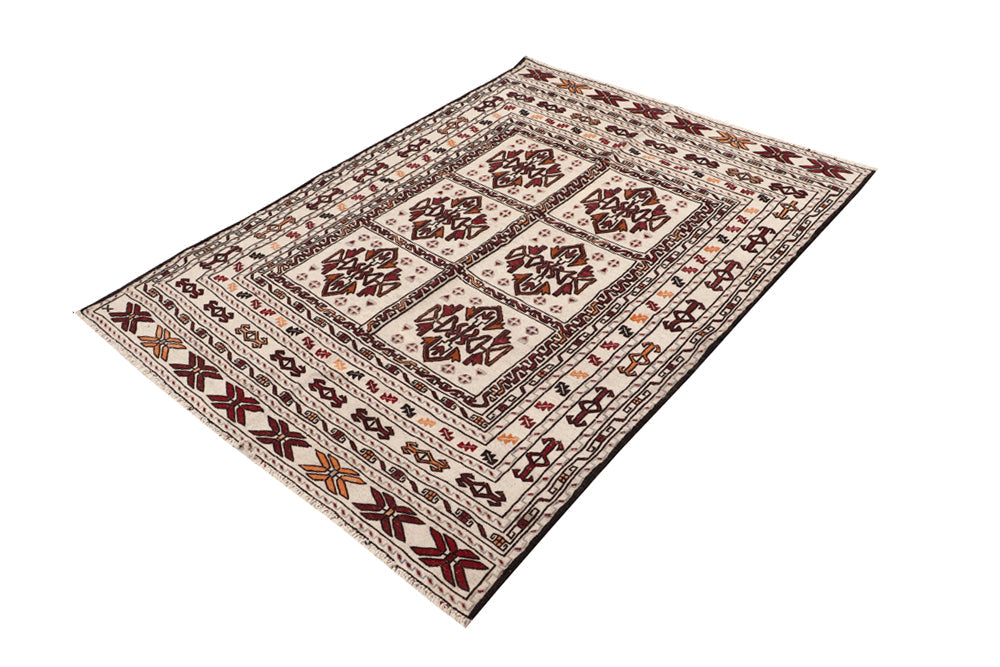4' x 6'  Ivory Handmade Pai Murgh Soumak Kilim Rug Rectangular