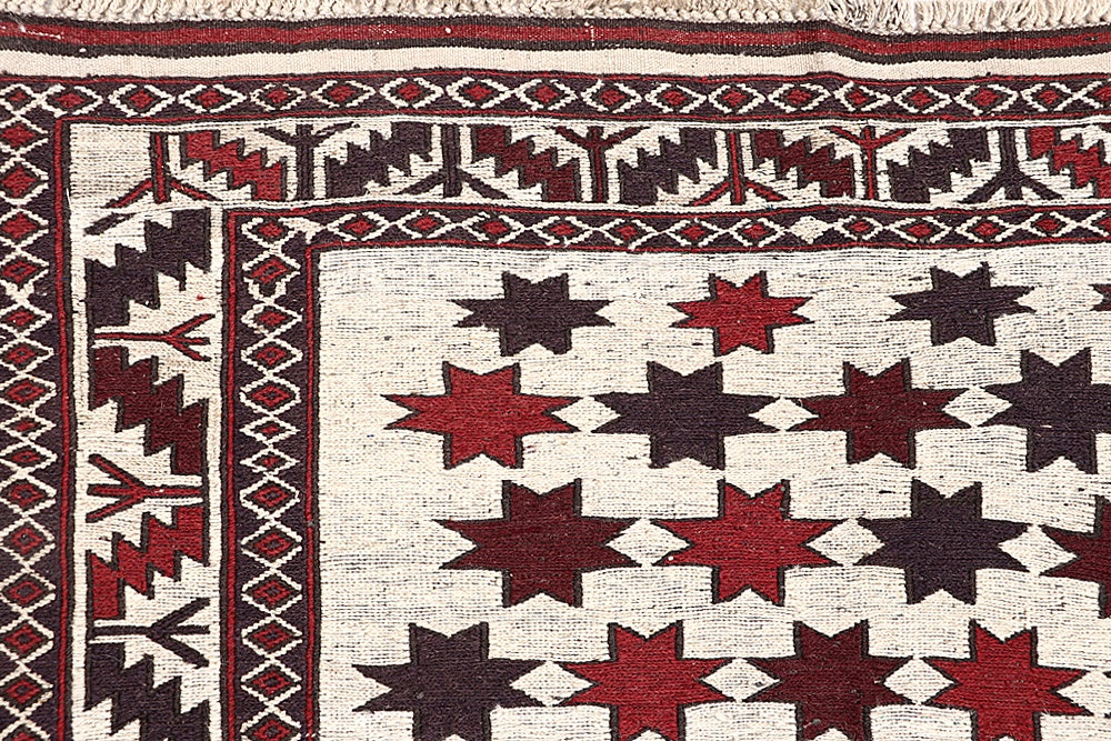 4' x 6'  Ivory Handmade Pai Murgh Soumak Kilim Rug Rectangular
