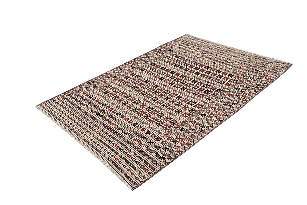 4' 6" x 6' 6  Ivory Handmade Pai Murgh Soumak Kilim Rug Rectangular