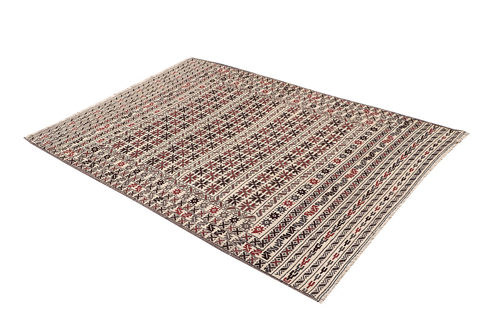 4' 6" x 6' 6  Ivory Handmade Pai Murgh Soumak Kilim Rug Rectangular