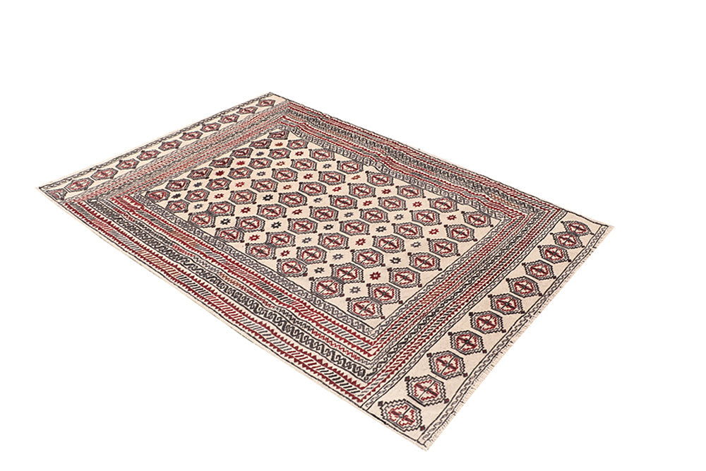 4' 6" x 6' 6  Ivory Handmade Pai Murgh Soumak Kilim Rug Rectangular