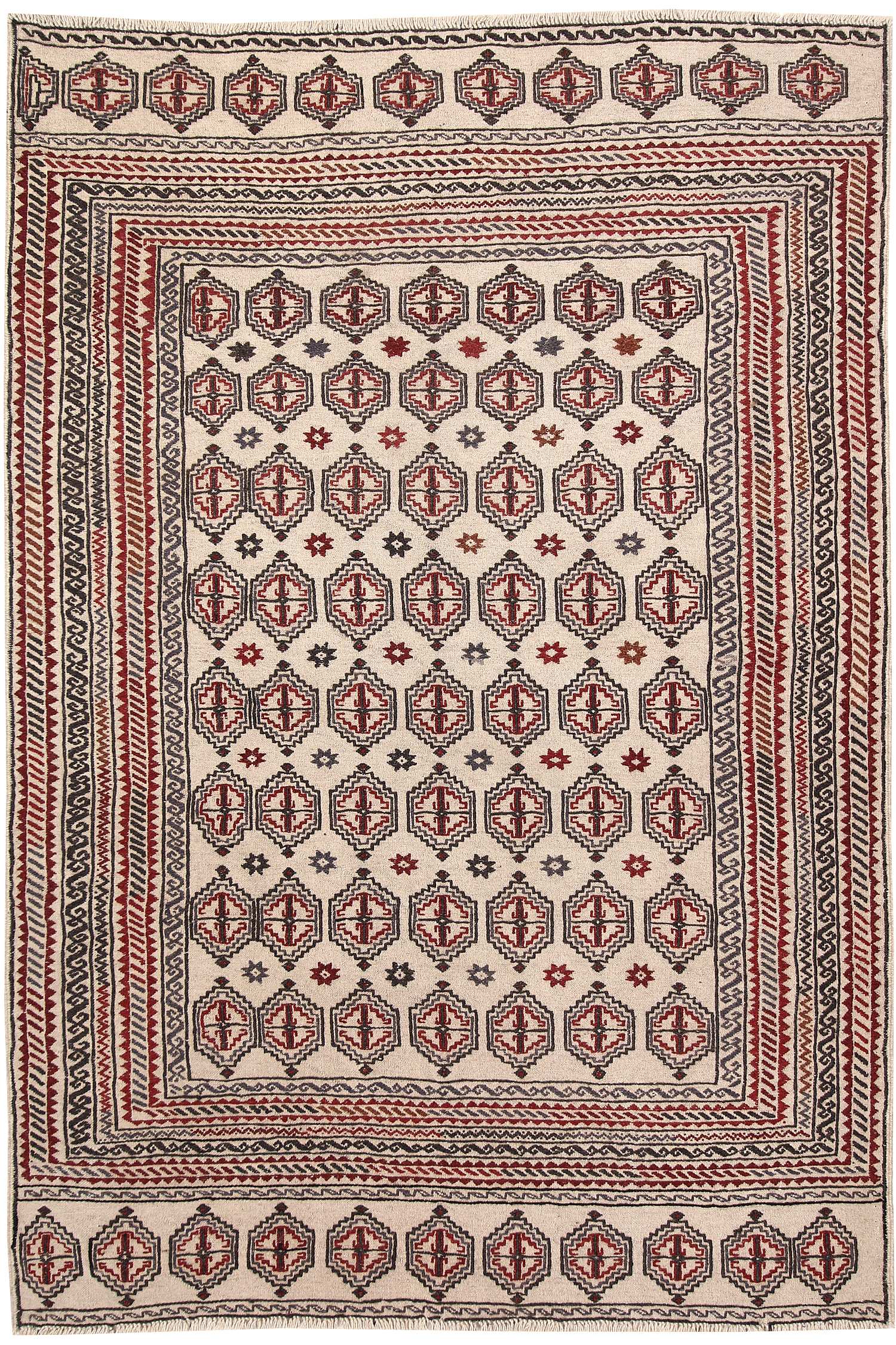 4' 6" x 6' 6  Ivory Handmade Pai Murgh Soumak Kilim Rug Rectangular
